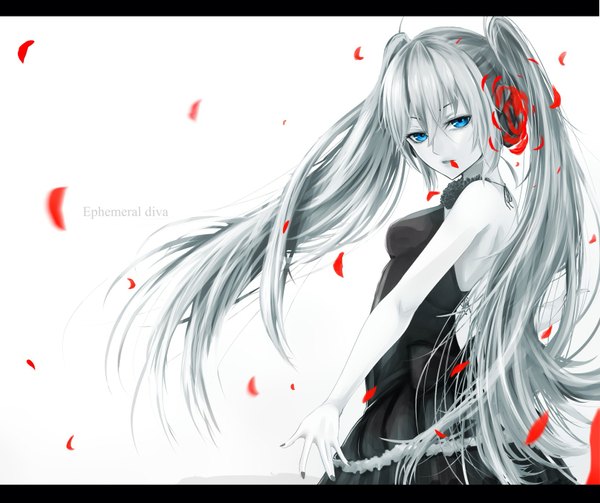 Anime picture 1662x1396 with vocaloid hatsune miku yukihama single long hair looking at viewer fringe blue eyes simple background twintails nail polish parted lips head tilt fingernails wind inscription text monochrome letterboxed english