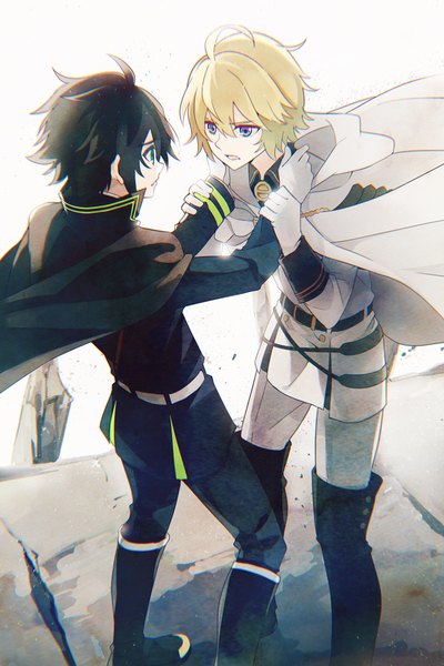 Anime picture 667x1000 with owari no seraph wit studio hyakuya yuuichirou hyakuya mikaela takerusilt tall image fringe short hair open mouth blue eyes black hair blonde hair hair between eyes green eyes ahoge profile from above multiple boys holding hands military