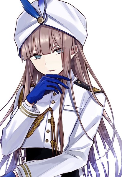 Anime picture 706x1024 with fate (series) fate/grand order noah (fate) hatuki 82 single long hair tall image looking at viewer fringe blue eyes simple background brown hair white background upper body boy gloves uniform headdress military uniform blue gloves