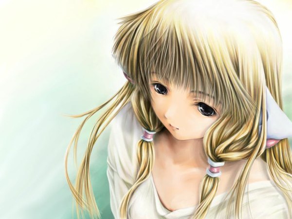 Anime picture 1024x769 with chobits chii single long hair fringe simple background blonde hair from above black eyes girl hair tubes