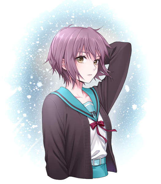 Anime picture 700x800 with suzumiya haruhi no yuutsu kyoto animation nagato yuki chimachi single tall image looking at viewer fringe short hair simple background hair between eyes white background brown eyes purple hair upper body parted lips arm up open clothes arm behind head expressionless