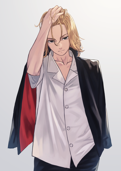 Anime picture 2580x3643 with tokyo revengers sano manjirou hara kenshi single long hair tall image looking at viewer highres simple background blonde hair yellow eyes upper body grey background adjusting hair clothes on shoulders boy uniform school uniform shirt white shirt