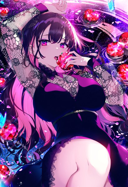 Anime picture 1477x2164 with original kat (bu-kunn) single long hair tall image looking at viewer blush fringe breasts open mouth black hair hair between eyes large breasts holding pink hair lying long sleeves nail polish multicolored hair fingernails