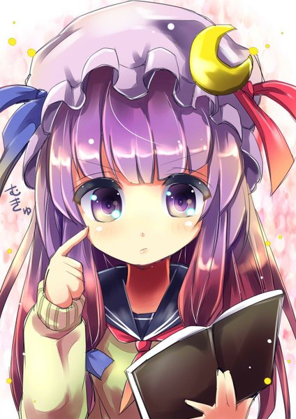 Anime picture 1018x1440 with touhou patchouli knowledge uta (kuroneko) single long hair tall image blush fringe purple eyes purple hair alternate costume crescent girl uniform serafuku book (books) moon sweater bonnet