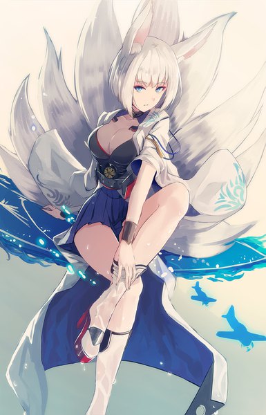 Anime picture 963x1500 with azur lane kaga (azur lane) nakaichi (ridil) single tall image looking at viewer fringe short hair breasts blue eyes light erotic animal ears cleavage white hair tail blunt bangs traditional clothes japanese clothes animal tail wide sleeves