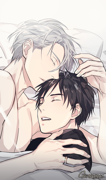 Anime picture 650x1103 with yuri!!! on ice mappa viktor nikiforov katsuki yuuri gearous tall image blush fringe short hair open mouth light erotic black hair hair between eyes signed silver hair upper body lying eyes closed parted lips profile