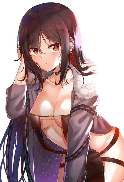 Anime picture 1400x2053 with fate (series) fate/grand order yu mei-ren (fate) nyung single long hair tall image looking at viewer blush fringe breasts light erotic simple background hair between eyes red eyes brown hair large breasts payot parted lips multicolored hair