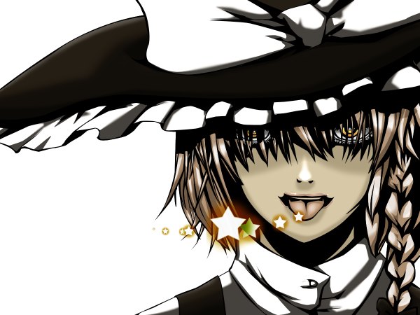 Anime picture 1200x900 with touhou kirisame marisa ikkei dou blonde hair yellow eyes braid (braids) girl hat tongue witch hat