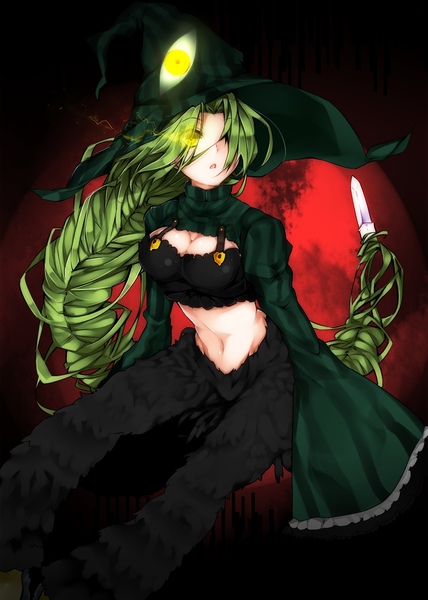 Anime picture 1000x1400 with beatmania beatmania iidx faula (beatmania iidx) kazetto (kazetsuto) single tall image looking at viewer sitting yellow eyes cleavage braid (braids) very long hair green hair bare belly single braid glowing glowing eye (eyes) witch hair over eyes red moon