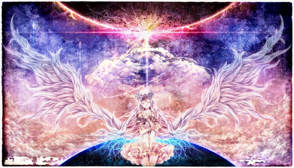 Anime picture 3000x1724 with vocaloid ia (vocaloid) bouno satoshi single long hair highres smile wide image holding pink hair cloud (clouds) ahoge braid (braids) eyes closed very long hair tears border light space girl
