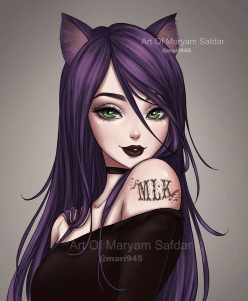 Anime picture 2480x3000 with original mari945 single long hair tall image looking at viewer fringe highres simple background smile hair between eyes bare shoulders green eyes signed animal ears purple hair upper body cat ears realistic off shoulder