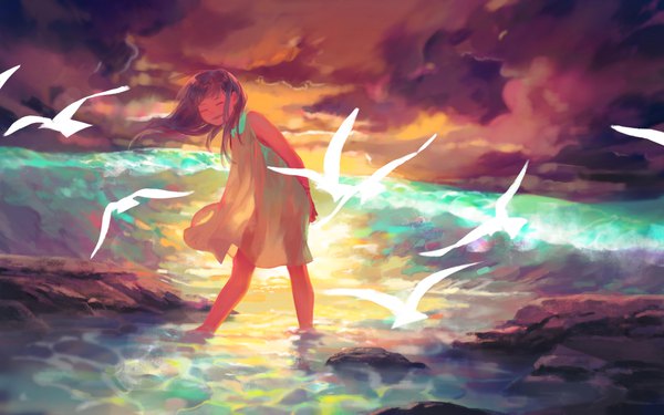 Anime picture 9449x5906 with original satomatoma single long hair highres absurdres purple hair eyes closed leaning leaning forward partially submerged hands behind back girl dress animal water sea bird (birds) sundress