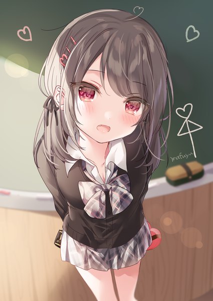 Anime picture 1254x1770 with original mafuyu (chibi21) single long hair tall image looking at viewer blush fringe open mouth red eyes brown hair standing indoors head tilt from above fang (fangs) leaning leaning forward lens flare plaid skirt