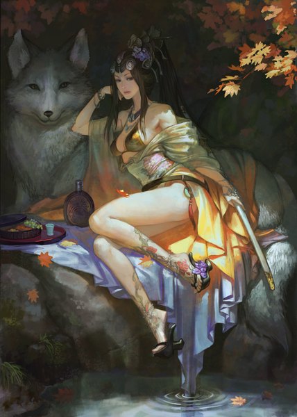 Anime picture 1058x1484 with original xiaji long hair tall image light erotic brown hair ponytail bare legs tattoo autumn girl hair ornament weapon animal sword water bracelet katana leaf (leaves) jewelry