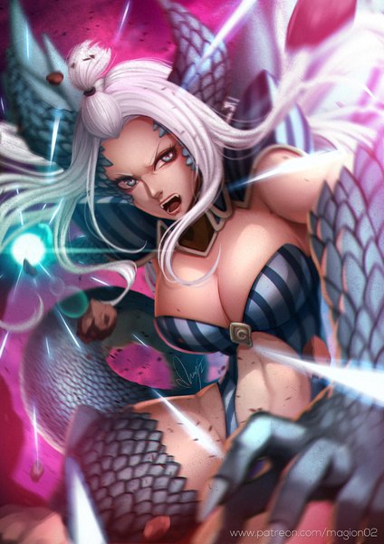 Anime picture 800x1131 with fairy tail mirajane strauss magion02 single long hair tall image looking at viewer breasts open mouth blue eyes light erotic large breasts standing signed cleavage white hair horn (horns) blurry fang (fangs) floating hair