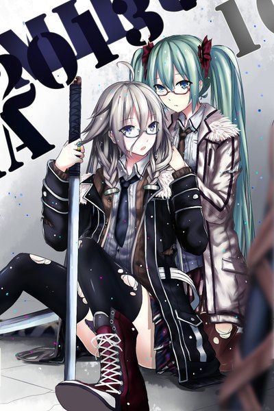 Anime picture 1280x1920 with vocaloid hatsune miku ia (vocaloid) echj long hair tall image blue eyes twintails multiple girls silver hair ahoge aqua hair girl thighhighs weapon black thighhighs 2 girls sword glasses jacket