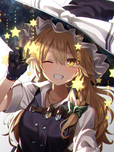 Anime picture 1080x1442 with touhou kirisame marisa greenkohgen single long hair tall image fringe blonde hair smile hair between eyes yellow eyes upper body one eye closed grin starry sky print space print double exposure girl gloves bow
