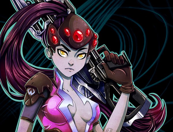 Anime picture 1700x1300 with overwatch blizzard entertainment widowmaker (overwatch) trololhanime single long hair looking at viewer breasts light erotic yellow eyes cleavage purple hair ponytail girl gloves weapon gun