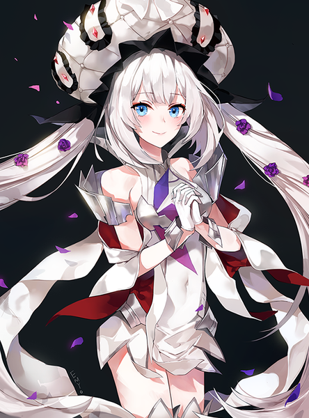 Anime-Bild 598x808 mit fate (series) fate/grand order marie antoinette (fate/grand order) emyo single tall image looking at viewer blush fringe breasts blue eyes simple background smile standing twintails bare shoulders signed payot silver hair very long hair