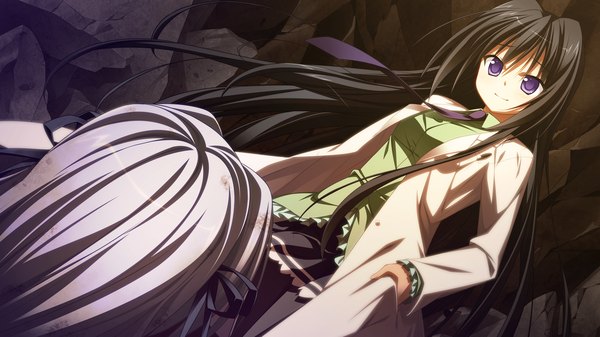 Anime picture 2048x1152 with namima no kuni no faust long hair highres black hair wide image purple eyes multiple girls game cg white hair girl 2 girls necktie labcoat