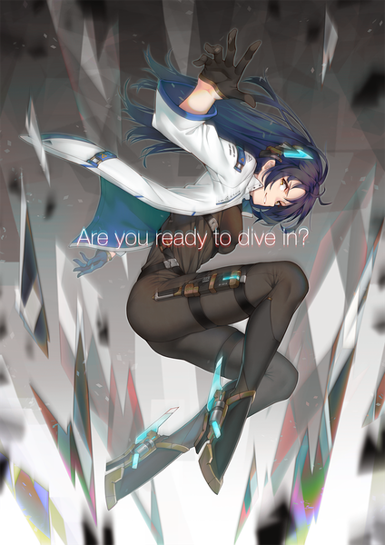 Anime picture 848x1200 with original uyu (keyakinoki) single long hair tall image looking at viewer smile yellow eyes blue hair full body text spread arms jumping question girl gloves weapon black gloves thigh strap bodysuit