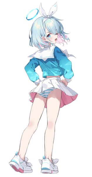 Anime picture 1711x3274 with blue archive arona (blue archive) timo wei95 single tall image highres short hair open mouth blue eyes light erotic simple background standing white background blue hair full body pleated skirt one eye closed multicolored hair from behind bare legs
