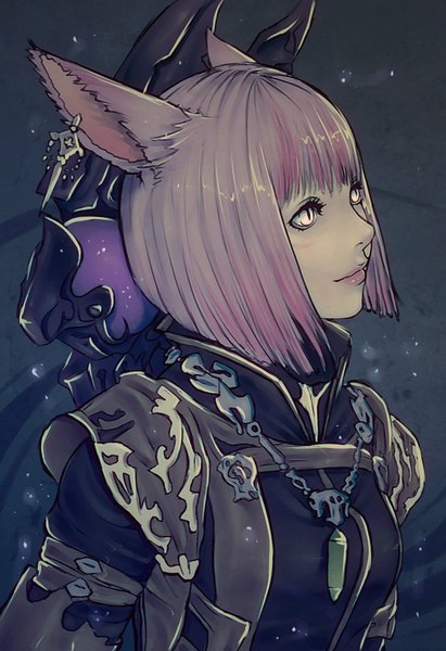 Anime picture 740x1078 with final fantasy final fantasy xiv square enix miqo'te black mage soranamae single tall image fringe short hair animal ears pink hair sweat fox ears dark background cat eyes girl choker staff