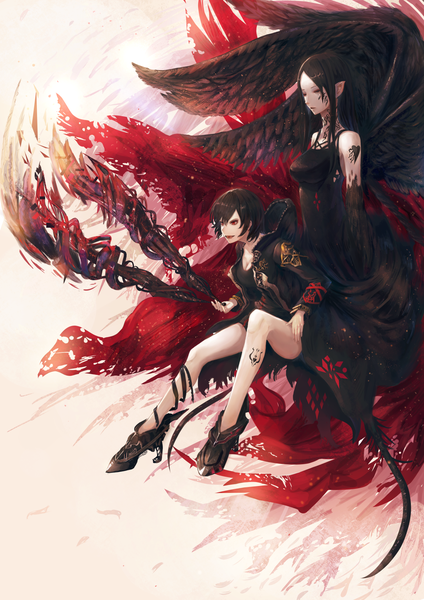 Anime picture 1190x1684 with original pip (red juice1869) long hair tall image short hair open mouth black hair red eyes multiple girls tail pointy ears tattoo girl dress weapon 2 girls wings black dress
