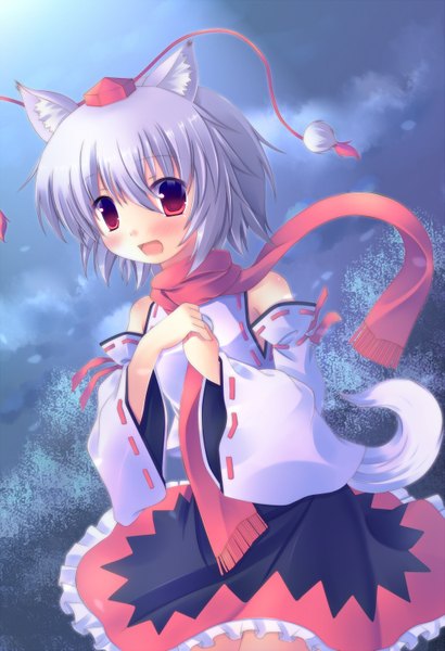 Anime picture 1027x1500 with touhou inubashiri momiji aosora (artist) single tall image blush short hair open mouth red eyes bare shoulders animal ears silver hair girl hat detached sleeves scarf