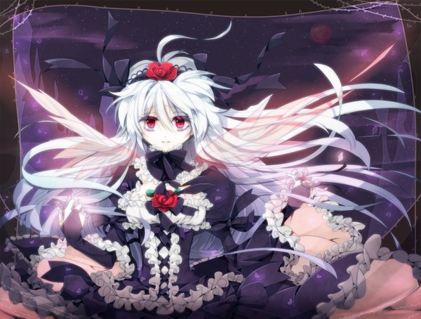 Anime picture 1500x1136 with rozen maiden suigintou ankon (artist) single long hair looking at viewer red eyes white hair girl dress flower (flowers) wings frills rose (roses)