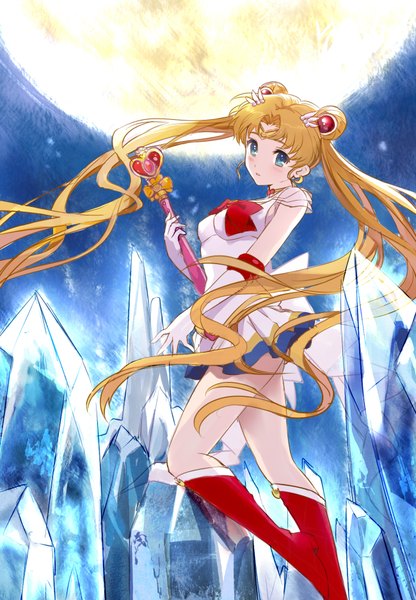 Anime picture 1300x1872 with bishoujo senshi sailor moon toei animation tsukino usagi sailor moon aki (mare desiderii) single long hair tall image looking at viewer blush open mouth blue eyes blonde hair standing twintails holding pleated skirt hair bun (hair buns) crescent girl