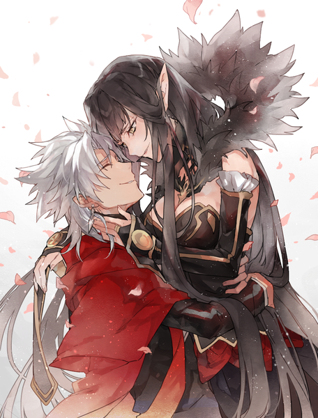 Anime-Bild 887x1167 mit fate (series) fate/apocrypha semiramis (fate) amakusa shirou (fate) wrt (arpaca) tall image fringe short hair breasts black hair simple background smile standing white background yellow eyes payot cleavage silver hair eyes closed very long hair