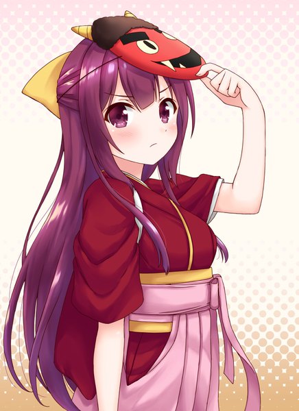 Anime picture 683x938 with kantai collection kamikaze destroyer hoshino kagari single long hair tall image looking at viewer blush fringe purple eyes purple hair traditional clothes japanese clothes half updo >:( meiji schoolgirl uniform setsubun girl mask
