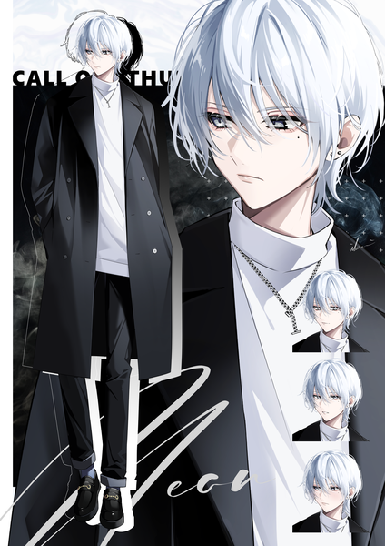 Anime picture 2481x3508 with original ikurikaito single tall image fringe highres short hair hair between eyes looking away silver hair full body mole open clothes mole under eye turning head multiview silver eyes zoom layer hands in pockets boy