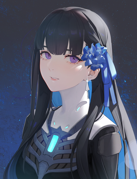 Anime picture 2575x3359 with punishing: gray raven selena (punishing: gray raven) drid single long hair tall image looking at viewer fringe highres black hair simple background purple eyes upper body hair flower girl flower (flowers) earrings