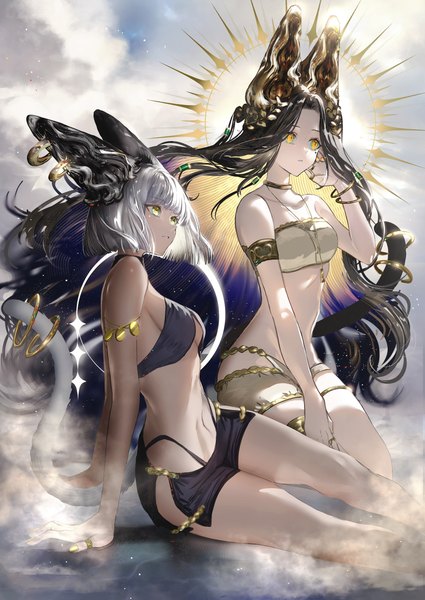 Anime picture 2901x4096 with original nanaponi long hair tall image fringe highres short hair breasts light erotic black hair sitting multiple girls animal ears yellow eyes looking away silver hair cloud (clouds) outdoors tail blunt bangs