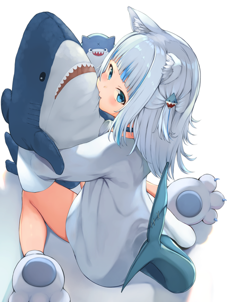 Anime picture 1510x2006 with virtual youtuber hololive hololive english gawr gura piisu single tall image blush short hair blue eyes simple background white background sitting animal ears silver hair tail multicolored hair from above cat ears streaked hair