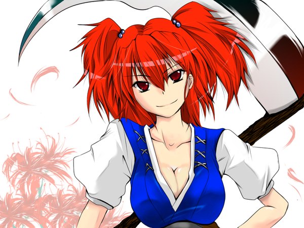 Anime picture 1600x1200 with touhou onozuka komachi babel99 highres breasts light erotic smile red eyes twintails red hair girl scythe