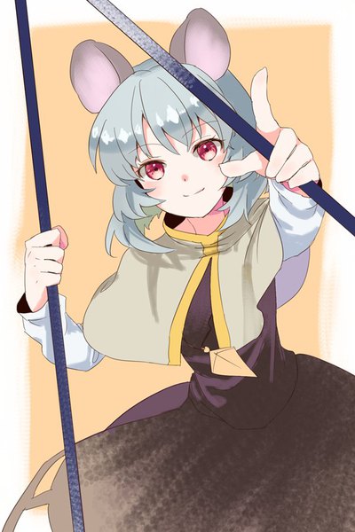 Anime picture 600x900 with touhou nazrin akidzuki haruhi single tall image looking at viewer short hair simple background red eyes animal ears silver hair light smile outstretched arm pointing orange background mouse ears mouse girl girl pendant mantle