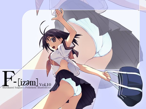 Anime picture 1600x1200 with f-ism murakami suigun single highres short hair light erotic black hair smile standing purple eyes ahoge teeth fang (fangs) pantyshot spread arms zoom layer girl skirt uniform underwear