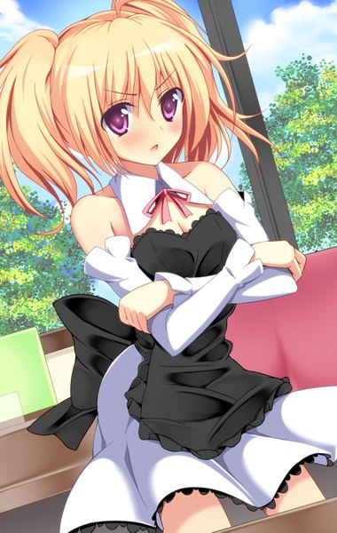 Anime picture 1208x1905 with original azure (capriccio) single tall image looking at viewer blush short hair blonde hair pink eyes girl dress detached sleeves