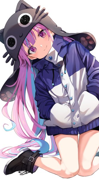 Anime picture 1000x1802 with virtual youtuber hololive minato aqua neko (minato aqua) summer tail720 single long hair tall image looking at viewer blush fringe simple background smile white background purple eyes purple hair bent knee (knees) multicolored hair two-tone hair bare legs