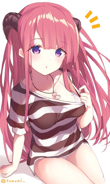 Anime picture 650x1080 with original tsuzaki tsunomi single long hair tall image looking at viewer blush fringe breasts light erotic simple background hair between eyes white background sitting purple eyes signed payot pink hair parted lips horn (horns)