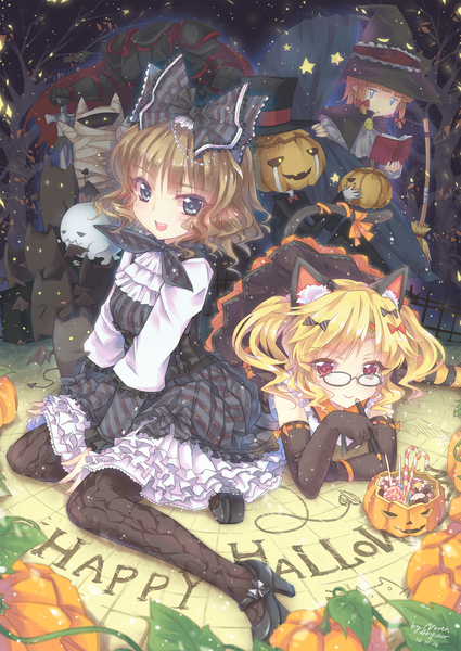 Anime picture 1452x2048 with original north abyssor tall image short hair blue eyes blonde hair smile red eyes brown hair sitting multiple girls animal ears cat ears inscription cat girl cat tail halloween witch happy halloween girl
