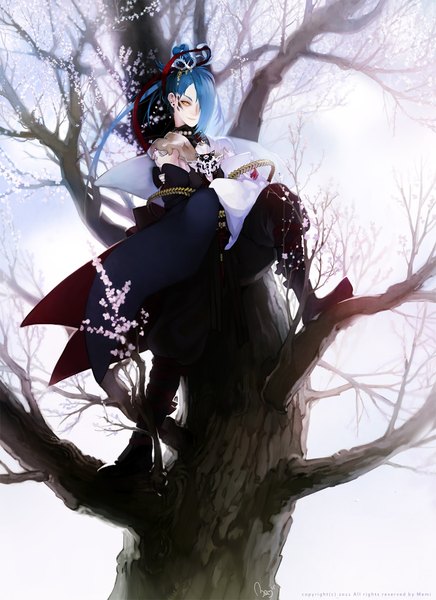 Anime picture 1019x1402 with original memipong single long hair tall image fringe yellow eyes blue hair traditional clothes hair over one eye cherry blossoms girl hair ornament flower (flowers) ribbon (ribbons) plant (plants) tree (trees)