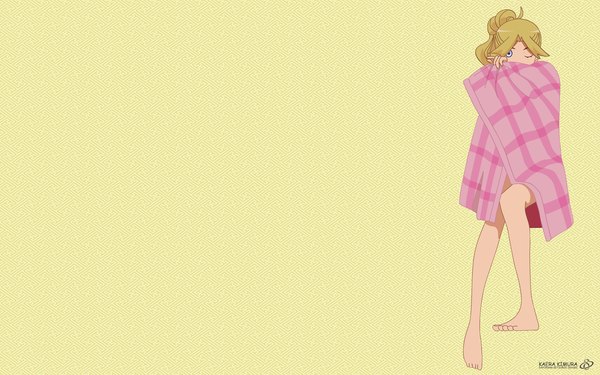 Anime picture 1920x1200 with sayonara zetsubou sensei shaft (studio) kimura kaere single long hair looking at viewer highres blue eyes blonde hair wide image one eye closed wink bare legs wallpaper copyright name character names vector girl blanket