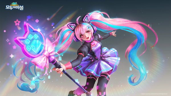 Anime picture 1920x1080 with modoo marble kooka2 single long hair looking at viewer highres open mouth smile wide image twintails blue hair pink hair ahoge long sleeves pink eyes multicolored hair streaked hair copyright name logo girl