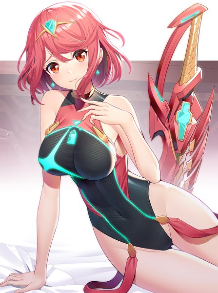 Anime picture 894x1200 with xenoblade xenoblade 2 pyra (xenoblade) pyra (pro swimmer) (xenoblade) ririko (zhuoyandesailaer) single tall image looking at viewer blush fringe short hair breasts light erotic hair between eyes red eyes large breasts bare shoulders payot red hair light smile