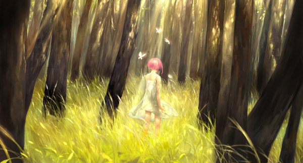 Anime picture 2500x1348 with original luode (tftaylortsui) single highres short hair wide image pink hair outdoors wind from behind sunlight back sunbeam walking girl dress plant (plants) tree (trees) insect butterfly