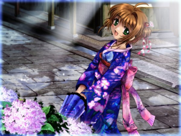 Anime picture 1600x1200 with card captor sakura clamp kinomoto sakura mutsuki (moonknives) single looking at viewer short hair open mouth smile brown hair green eyes ahoge traditional clothes :d japanese clothes two side up wallpaper girl kimono umbrella